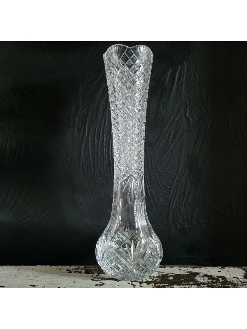 Antique Cut Crystal Bud Vase With Diamond and Fan Pattern Flared Rim 11.375"